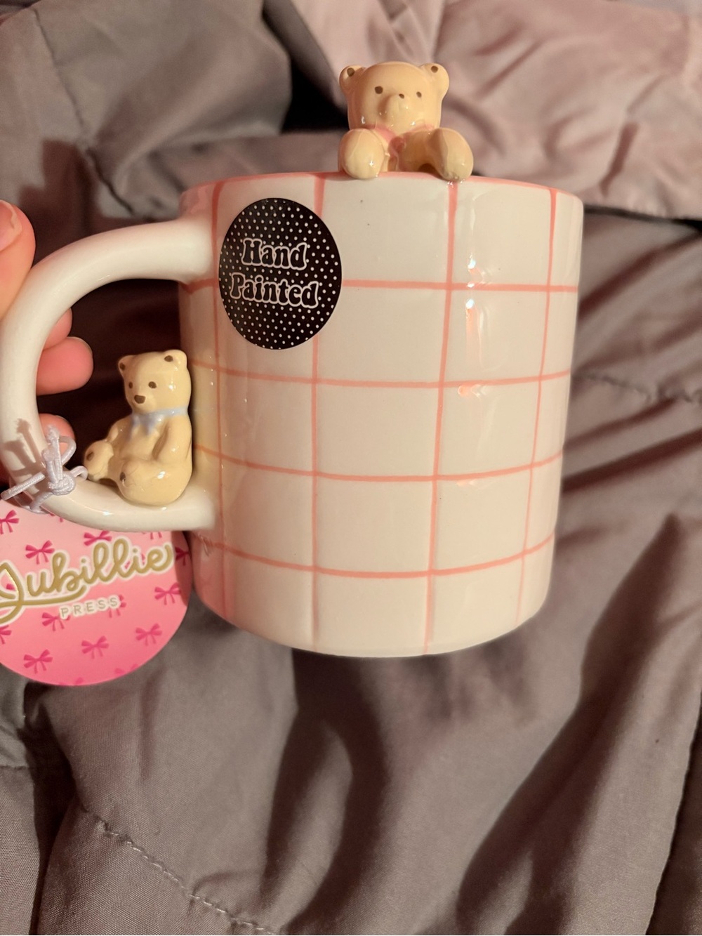 Hand-Painted Bear Accent Ceramic Mug - Pink Grid